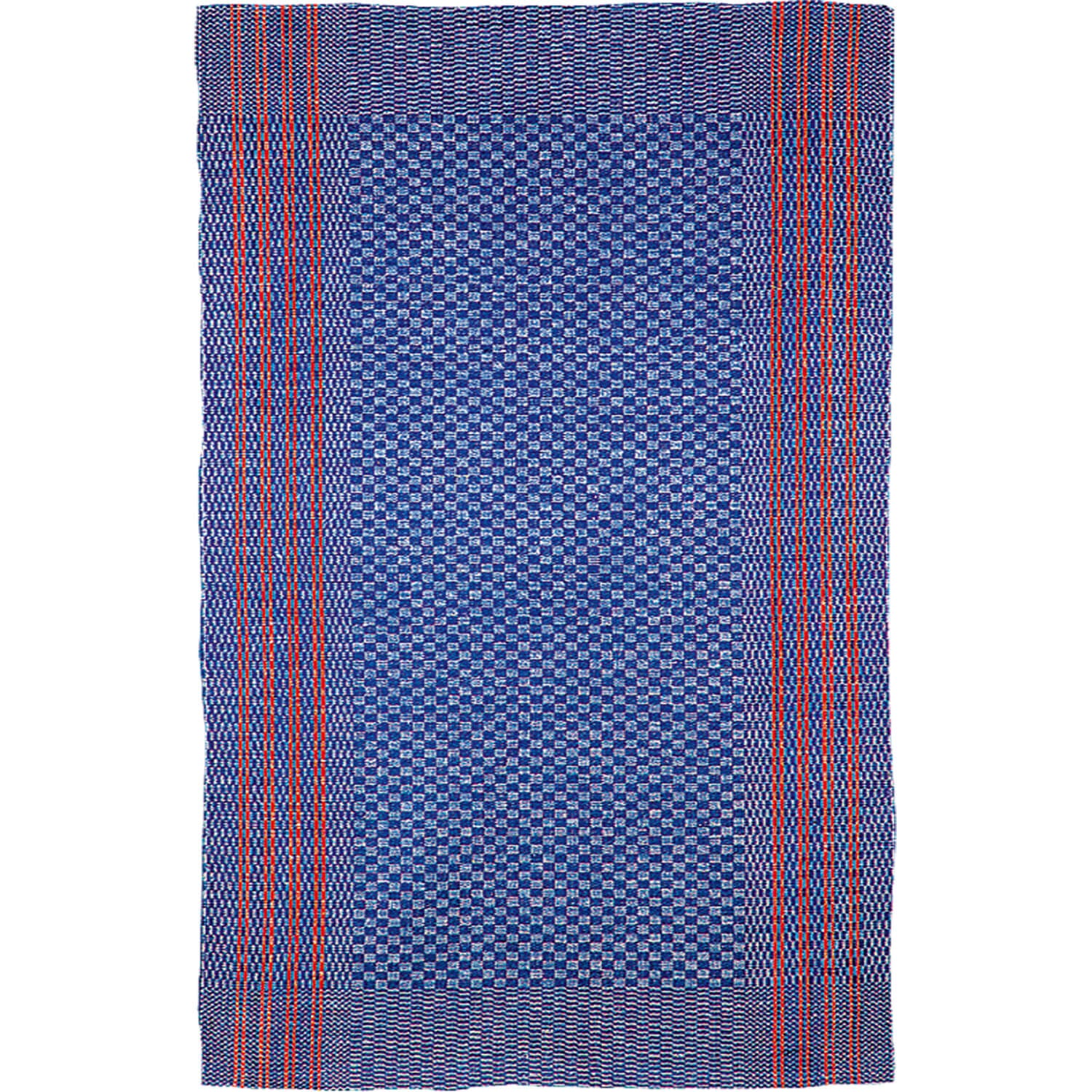 Das Kracht Grubentuch blau kariert 50/100 cm von Kracht ist eine blaue Halbleinenmatte mit einem Karomuster und roten vertikalen und horizontalen Streifen an den Rändern.