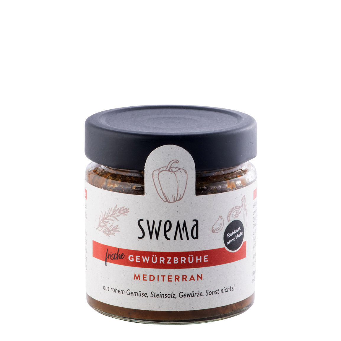 Ein 210g-Glas SweMa frische Gewürzbrühe Bio mediterran von SweMa Lebensmittel, in einem Glasbehälter mit weißem Etikett und schwarzem Deckel, ergibt 6 Liter Brühe.