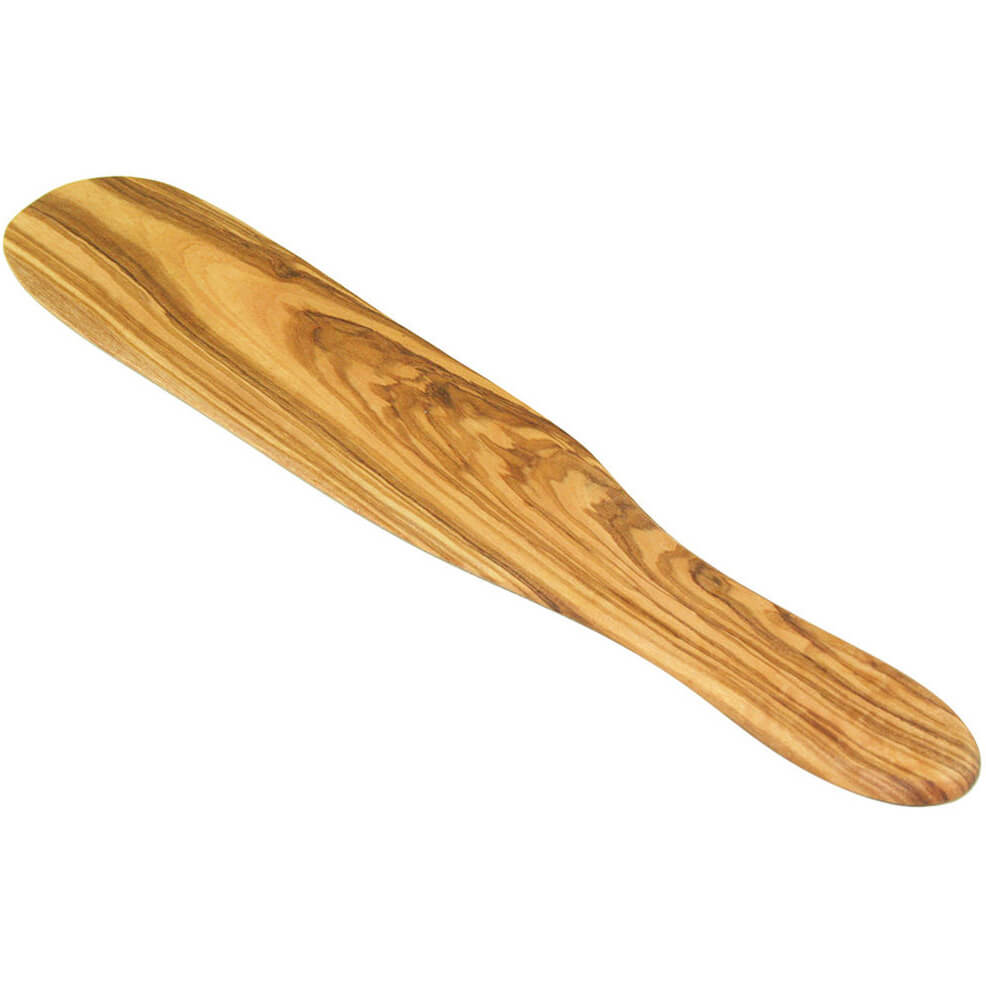 Der "Crepewender aus Olivenholz 30cm" von Olivenholz erleben zeichnet sich durch eine glatte, geschwungene Form und ein natürliches Olivenholz-Muster aus.