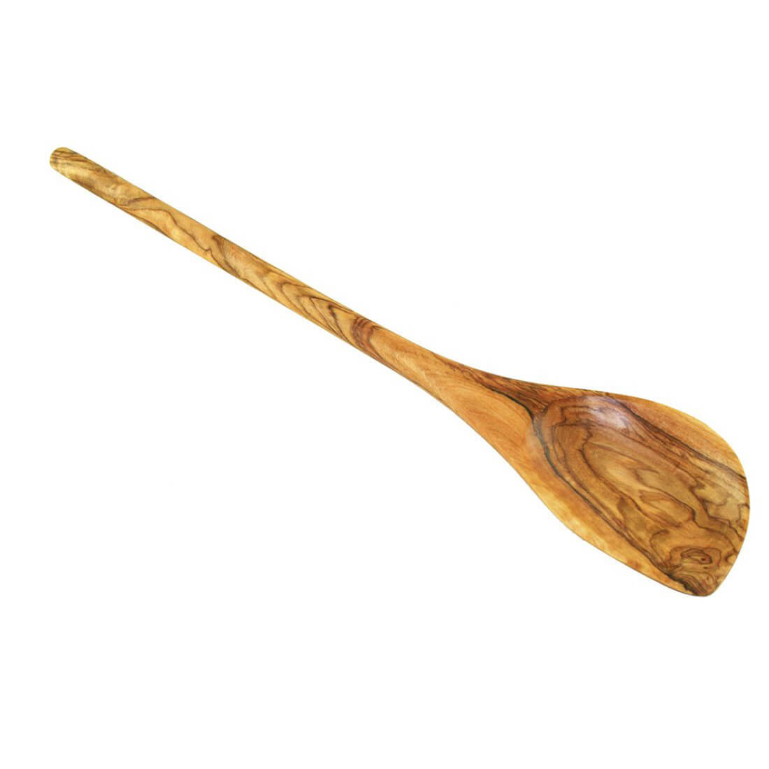 Der Olivenholz erleben Kochlöffel aus Olivenholz mit Ecke, ca. 30 cm, hat einen langen Stiel und einen breiten, flachen Kopf, abgebildet auf weißem Grund.
