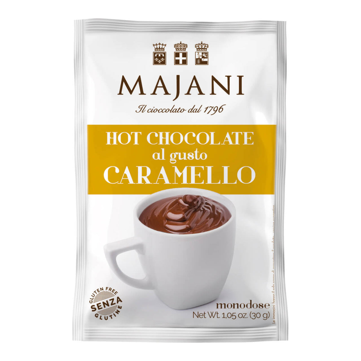 Eine 30-g-Packung Majani S.p.A. Trinkschokolade Caramello, auf deren Verpackung ein Becher mit heißer Schokolade abgebildet ist.