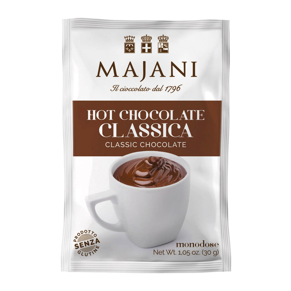 Päckchen Majani S.p.A. Trinkschokolade aus heller Schokolade, 30 g, mit einem weißen Schokoladenbecher auf der Vorderseite.