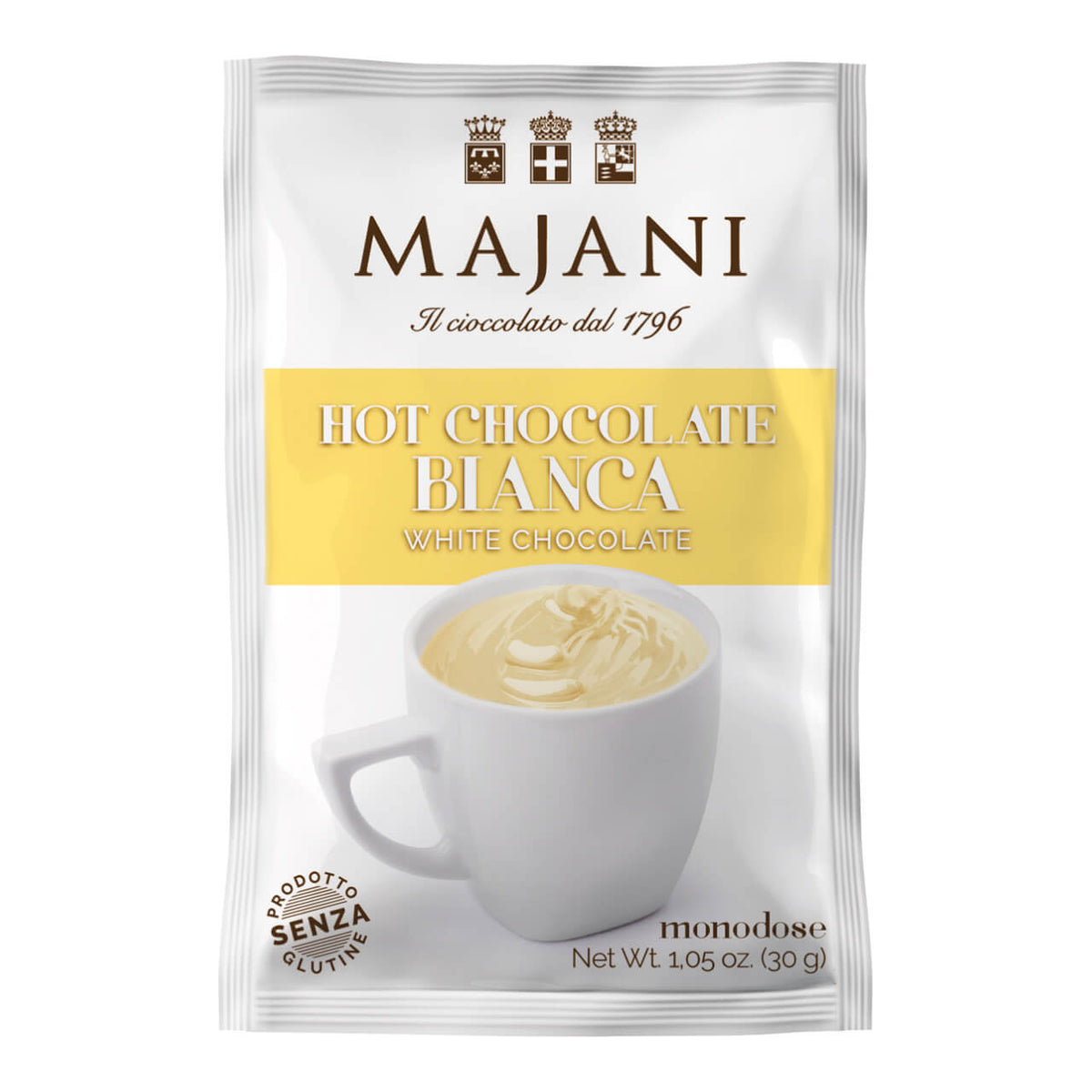 Päckchen Majani S.p.A. Trinkschokolade weiße Schokolade, 30 g, mit einem Becher weißer heißer Schokolade auf der Vorderseite.