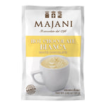 Päckchen Majani S.p.A. Trinkschokolade weiße Schokolade, 30 g, mit einem Becher weißer heißer Schokolade auf der Vorderseite.