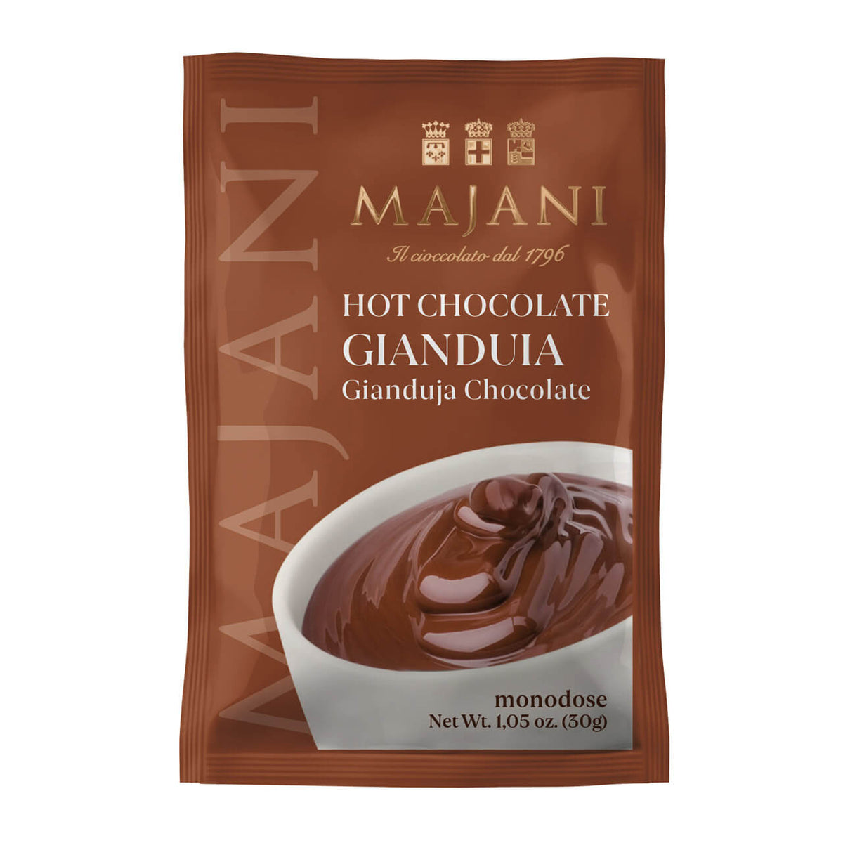 Päckchen Majani S.p.A. Trinkschokolade Gianduja, 30 g, mit cremiger Schokolade in einer weißen Tasse auf der Vorderseite.