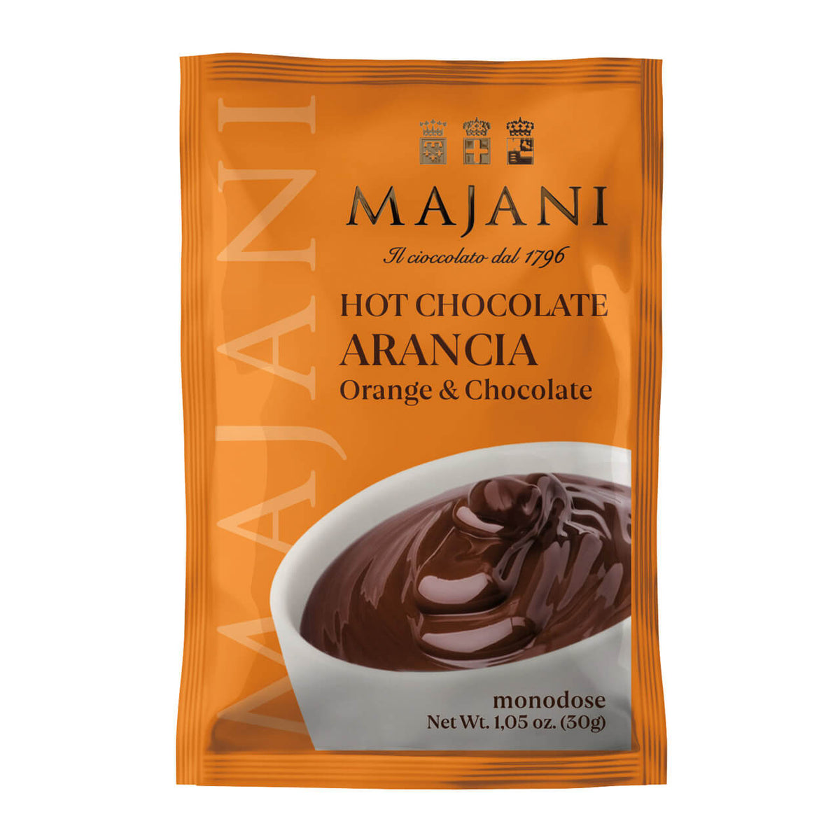 Orangefarbene Packung der Majani S.p.A. Trinkschokolade Orange & Schokolade, 30g, mit einer Schale aus reichhaltiger Schokolade und Orangenakzenten.