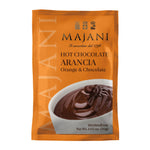 Orangefarbene Packung der Majani S.p.A. Trinkschokolade Orange & Schokolade, 30g, mit einer Schale aus reichhaltiger Schokolade und Orangenakzenten.