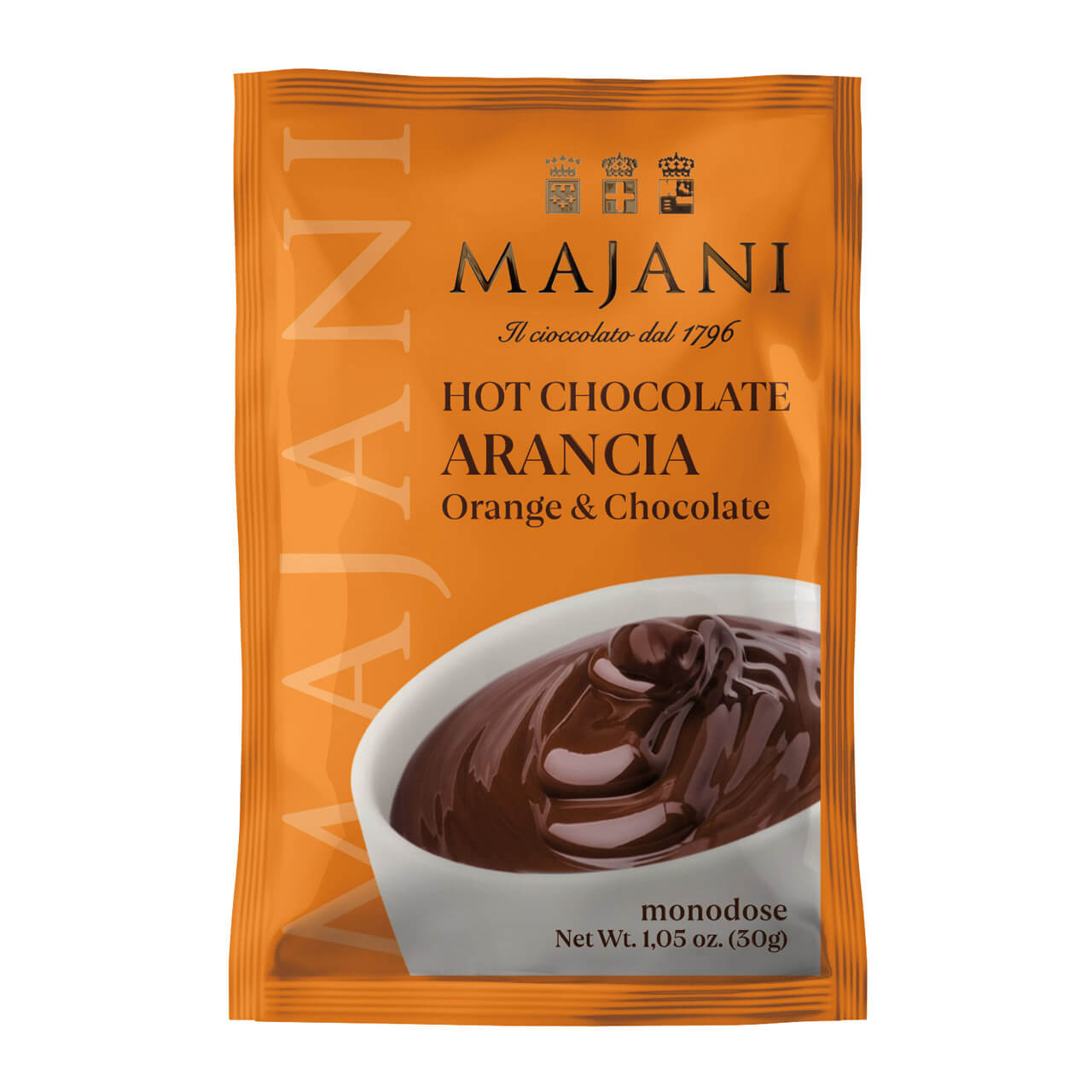 Orangefarbene Packung der Majani S.p.A. Trinkschokolade Orange & Schokolade, 30g, mit einer Schale aus reichhaltiger Schokolade und Orangenakzenten.