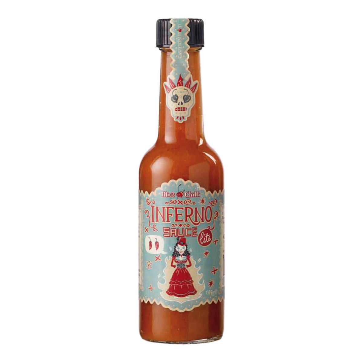 Eine 165-g-Flasche Mics Chilli Mic's Chillisauce Inferno Lite (14.000 Scoville) mit einem bunten Etikett, auf dem ein Totenkopf und eine Frau in Rot abgebildet sind.