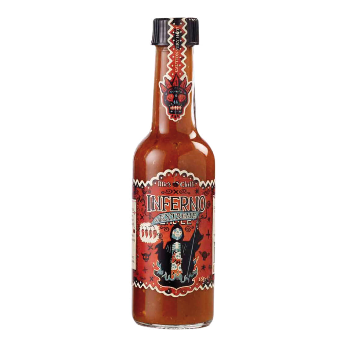Eine 165-g-Flasche Mics Chili Inferno Extreme Schärfesauce (100.000 Scoville) mit einem roten Etikett, das vom Tag der Toten inspiriert ist.