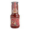 Eine 275g Glasflasche Mic's Chilli BBQ Sauce mild (7500 Scoville) von Mics Chilli mit rotem Roboter-Etikett und grauem Verschluss.