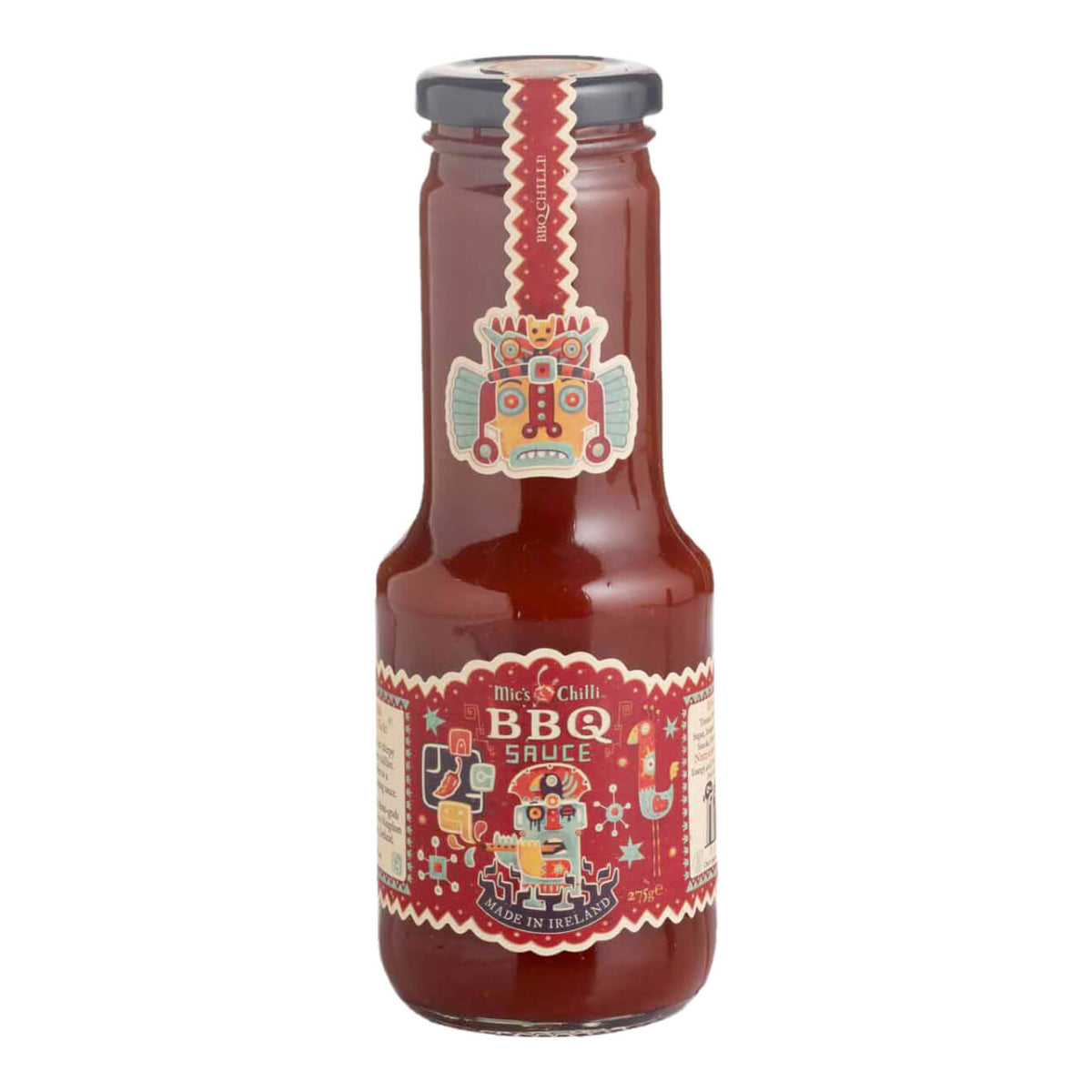 Eine 275g Glasflasche Mic's Chilli BBQ Sauce mild (7500 Scoville) von Mics Chilli mit rotem Roboter-Etikett und grauem Verschluss.
