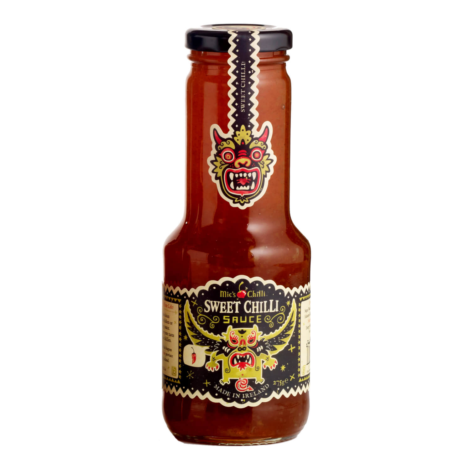 275g Glasflasche mit Mics Chilli Mic's Sweet Chili Sauce mild (5000 Scoville), mit dekorativen Drachen- und Maskenmotiven auf dem Etikett.