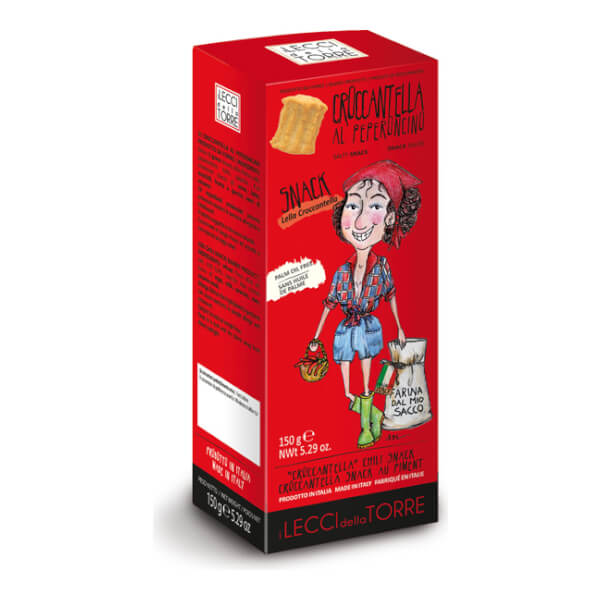 Rote Schachtel von I Lecci Della Torre Croccantella al Peperoncino - Salzgebäck mit Chili, 150g, mit einer illustrierten Frau, die Mehl und Brot hält.