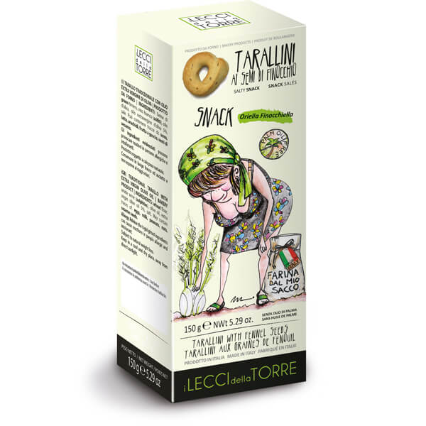 Schachtel I Lecci Della Torre Tarallini al Semi di Finocchio - Mini-Gebäckring mit Fenchelsamen, 150 g; die Verpackung zeigt eine illustrierte Frau, die Fenchel pflückt, und Produktinformation.