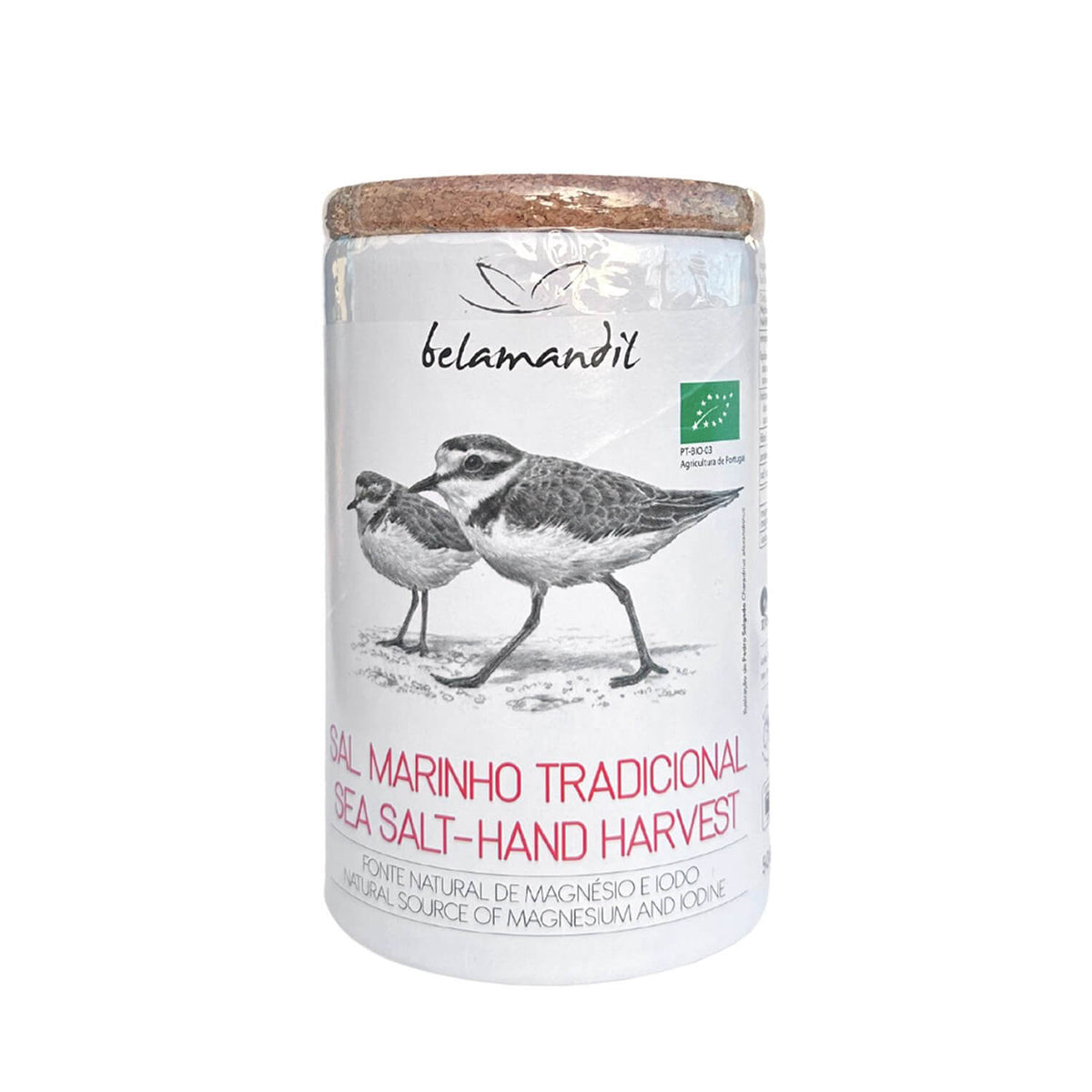 Eine 400-g-Dose Belamandil Sal Marinho Bio Tradicional Fino mit zwei Vogelillustrationen und zweisprachigem portugiesisch-englischem Text.
