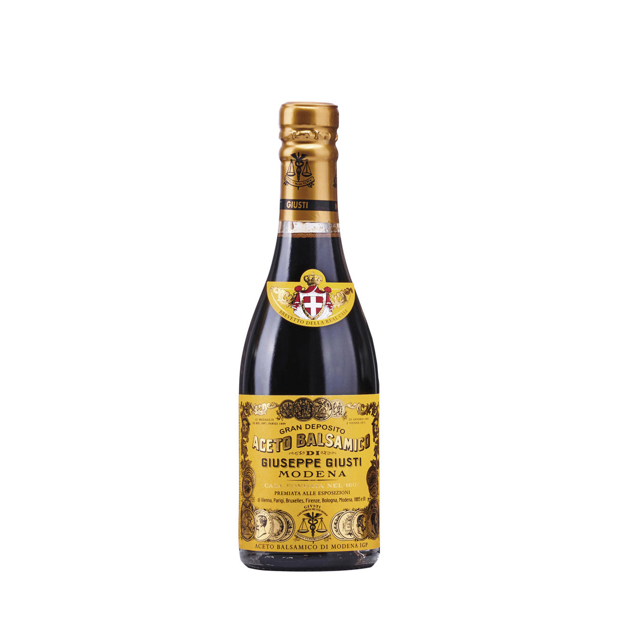Eine 250 ml Flasche Giuseppe Giusti Aceto balsamico d'Oro Il Quarto Centenario mit 4 Medaillen.