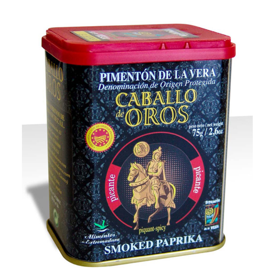 Eine 75g-Dose Caballo de Oros Smoked Paprika scharf - Pimentón de la Vera, mit rotem Deckel und goldener Reiterillustration auf der Vorderseite.