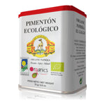 Die 75-g-Metalldose mit Caballo de Oros "El Galgo" Bio-Paprika (Pimentón Ecológico) hat einen roten Deckel und bunte Etiketten in Spanisch und Englisch.