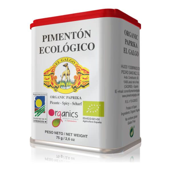 Die 75-g-Metalldose mit Caballo de Oros "El Galgo" Bio-Paprika (Pimentón Ecológico) hat einen roten Deckel und bunte Etiketten in Spanisch und Englisch.
