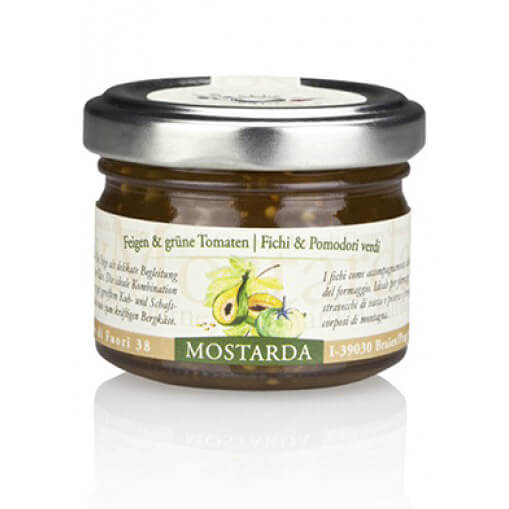 Ein kleines 70-g-Glas mit Alpe Pragas Mostarda Feigen & grüne Tomaten, auf dessen Etikett Feigen und grüne Tomaten abgebildet sind.