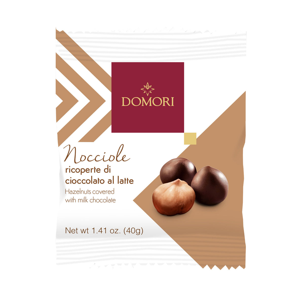 Nocciole von Domori: ganze Haselnüsse umhüllt von Schokolade von Domori, 1,41 oz (40g), in einer weiß-braunen Verpackung.