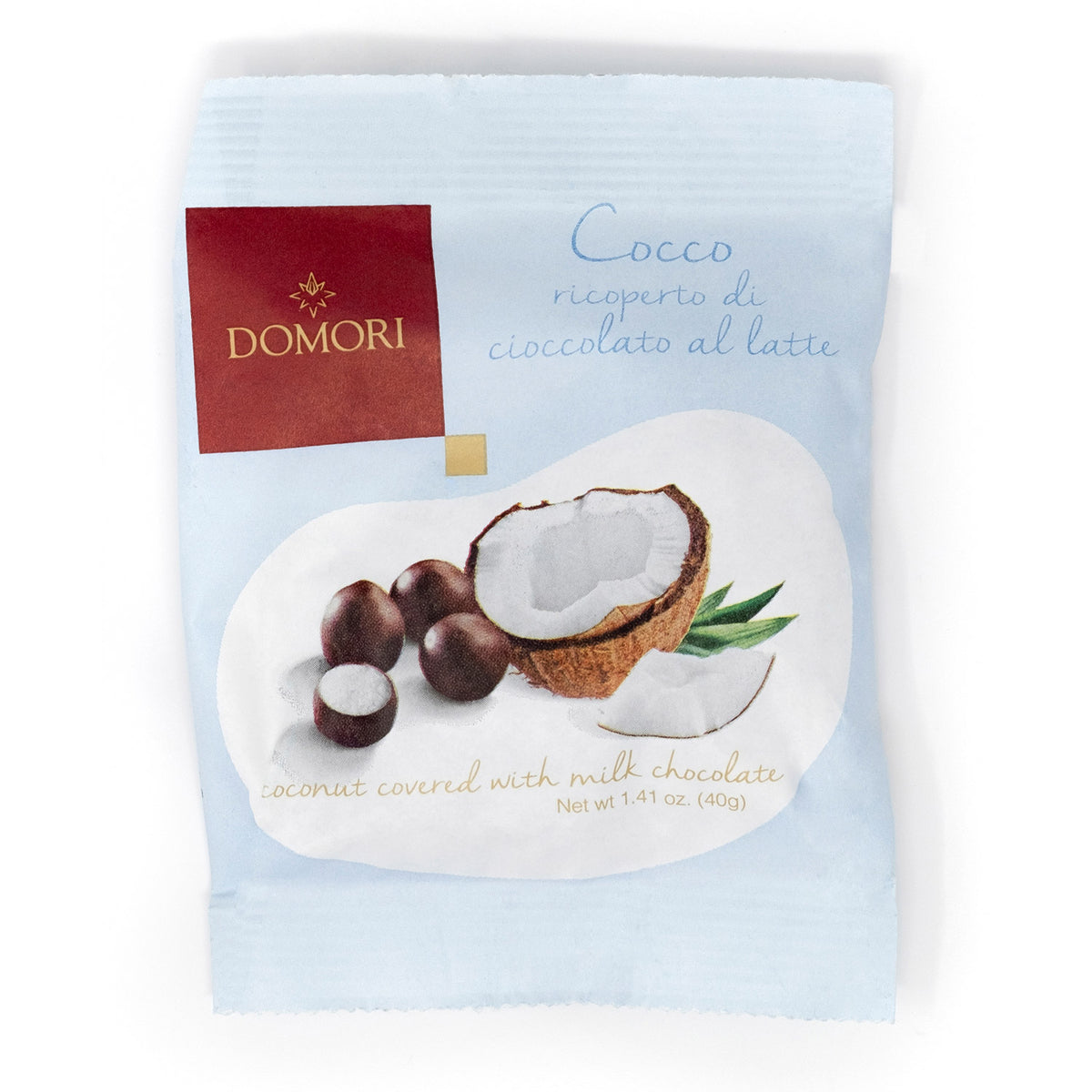Eine 40g-Tüte Domori Cocco mit Kokosnussstücken in Milchschokolade, mit Abbildungen von Kokosnüssen und Schokolade auf der Verpackung.