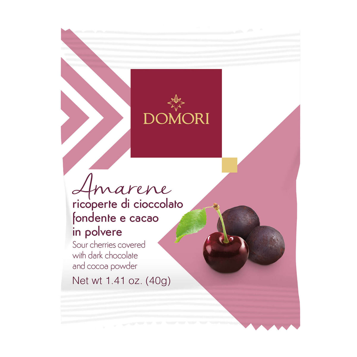 Eine 40g-Packung Domori Amarene, Kirschen mit Schokolade, mit schokoladenüberzogenen Kirschen und einer frischen Kirsche auf der Vorderseite.
