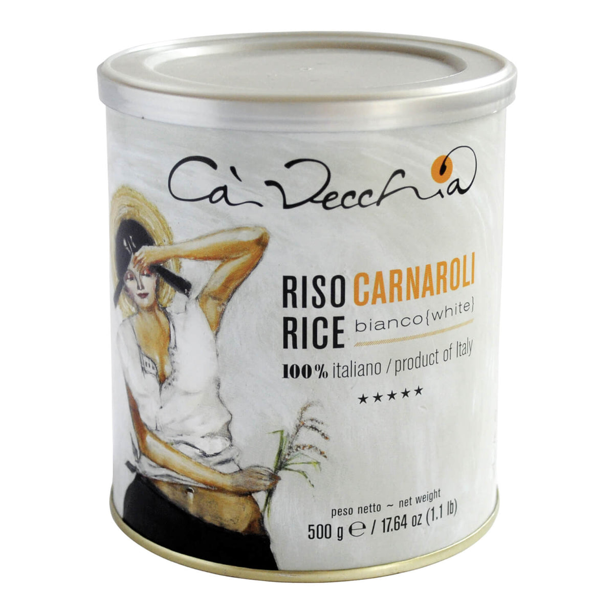 Eine 500-g-Dose Risottoreis Carnaroli bianco von Ca' Vecchia Sas mit einem Etikett, auf dem eine Frau auf einem Feld abgebildet ist.
