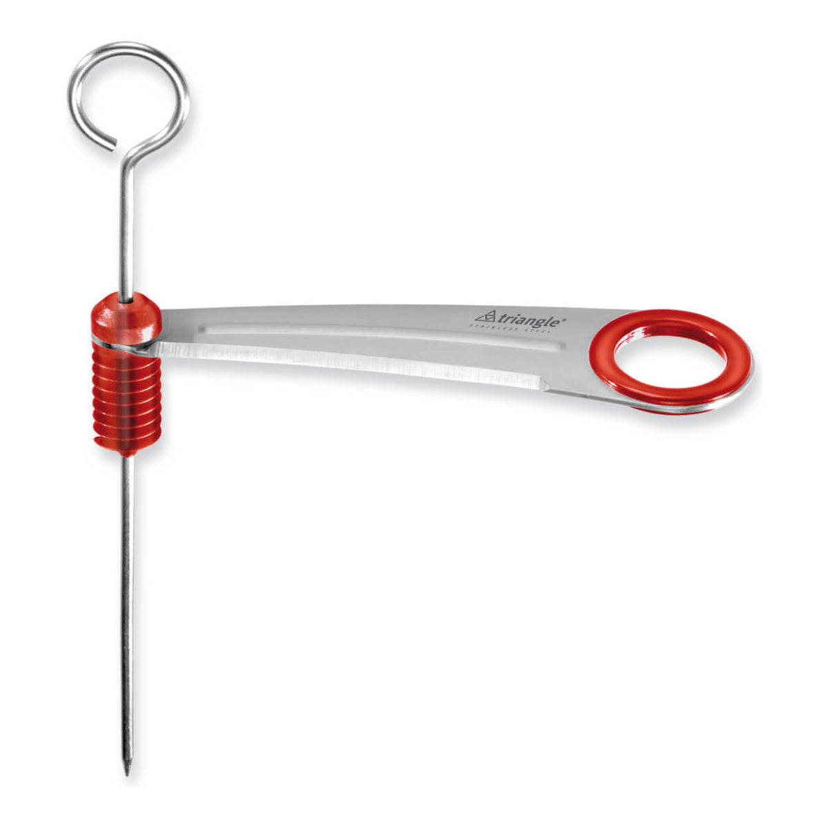 Der Triangle Rettichschneider aus Edelstahl von Triangle ist ein Tomatenschneider aus rostfreiem Stahl mit rotem Griff und kreisförmigem Griff, abgebildet auf weißem Hintergrund.