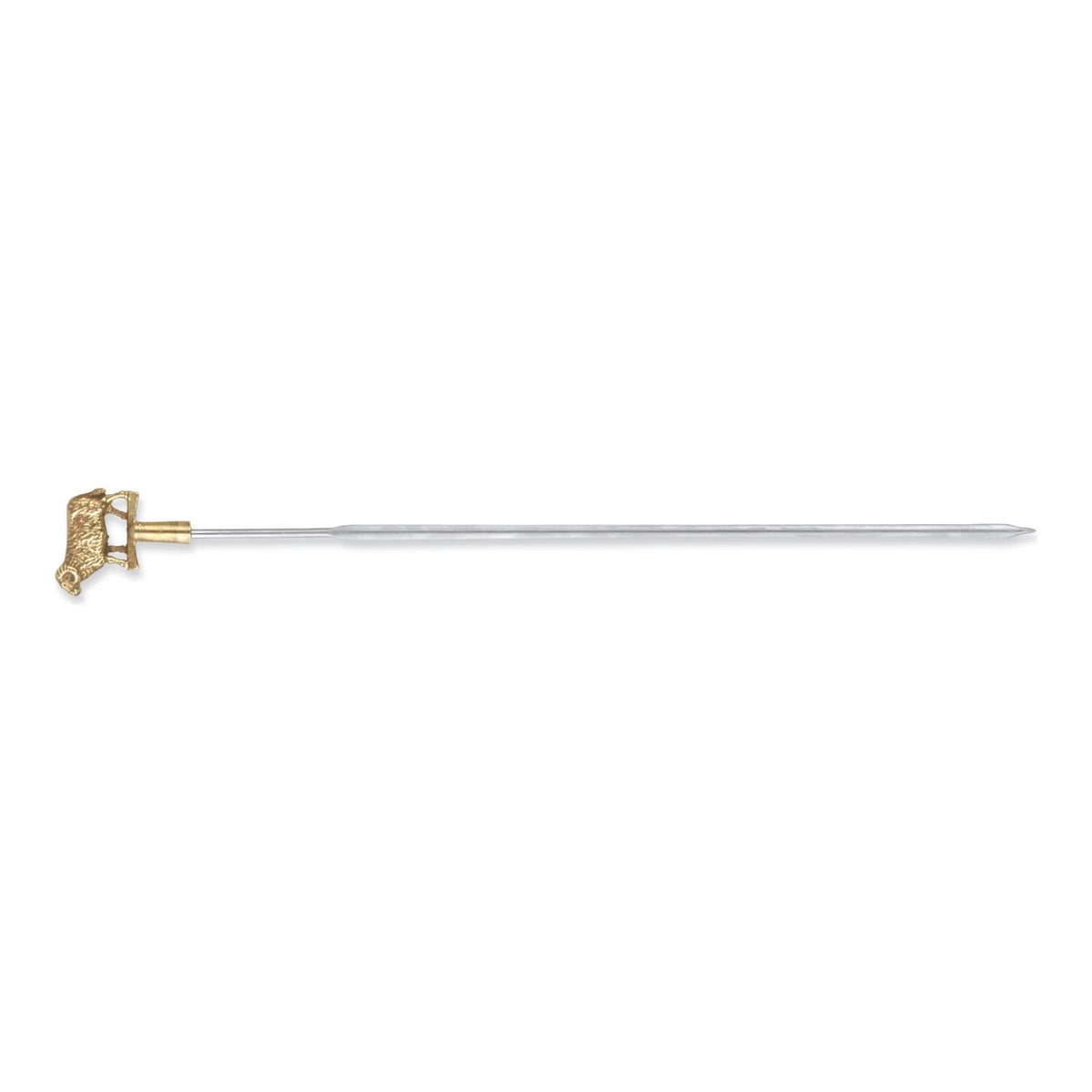 Der Triangle Grillspieß aus Edelstahl & Messing Widder von Triangle ist ein langer Metallspieß mit einem dekorativen Messinggriff in Form eines Widderkopfes.