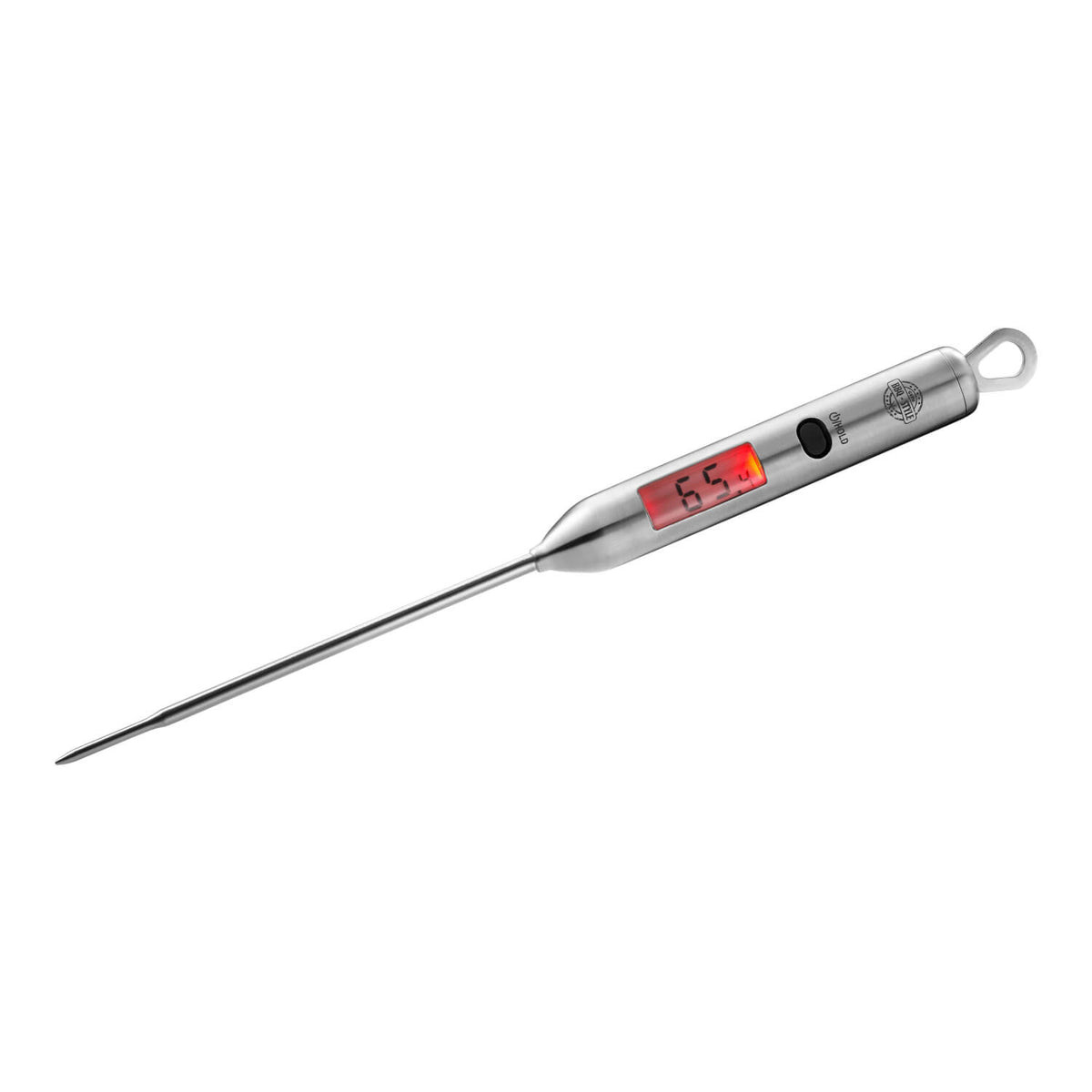 Das Gefu GEFU Digital-Thermometer BBQ aus Edelstahl verfügt über eine Metallsonde und ein rot beleuchtetes Display, das derzeit 65,5°C anzeigt.