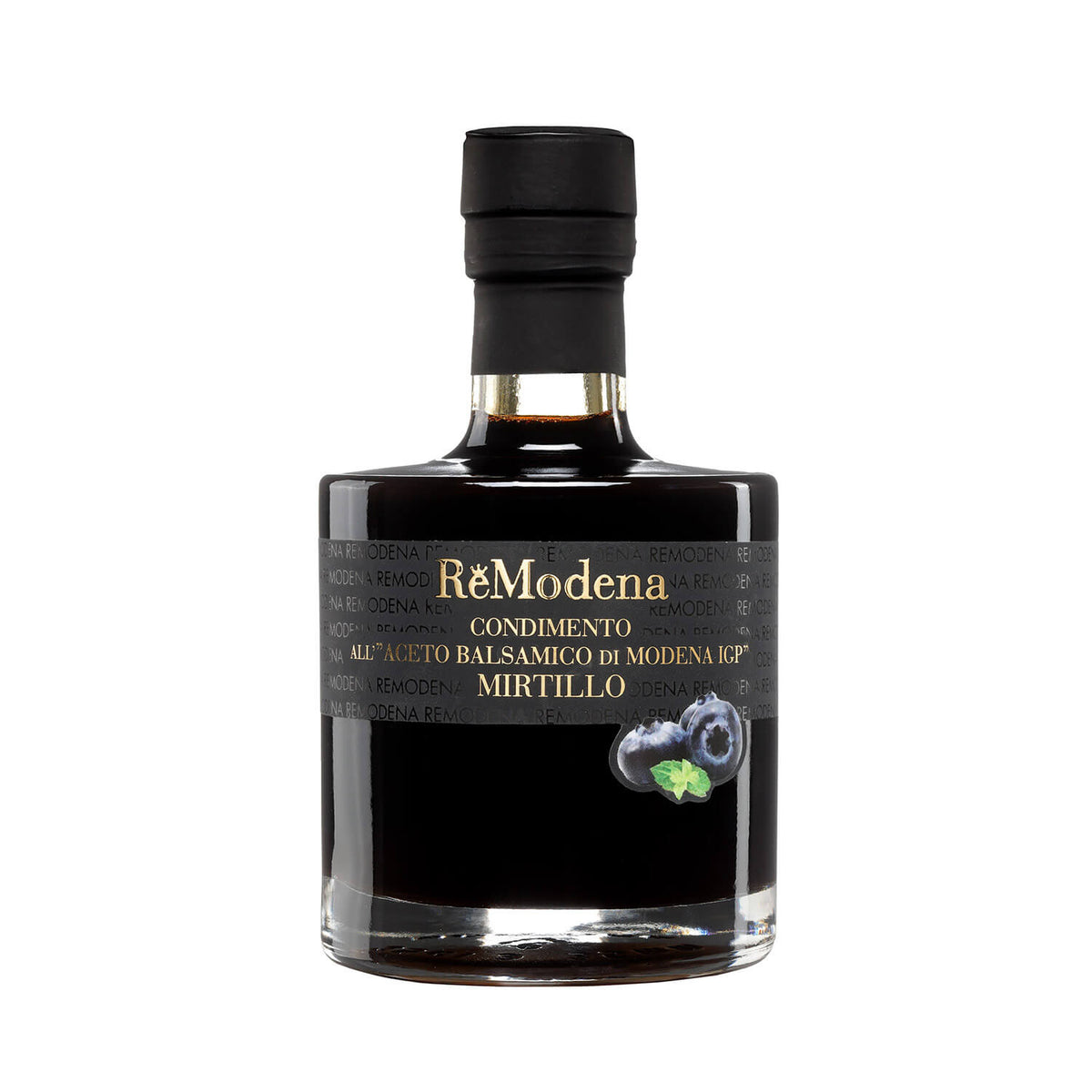 Eine 250-ml-Flasche Remodena Blaubeerbalsamico aus Modena IGP mit schwarzem Etikett und Blaubeerillustration.