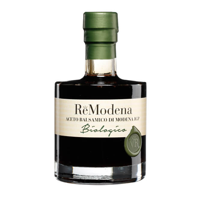 Eine 250 ml Glasflasche Remodena Balsamico aus Modena IGP Bio-Essig mit grünem Verschluss und Etikett.