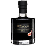 Eine 250-ml-Flasche Remodena Feigenbalsamico aus Modena IGP von Remodena mit schwarzem Etikett und Feigensymbolen.