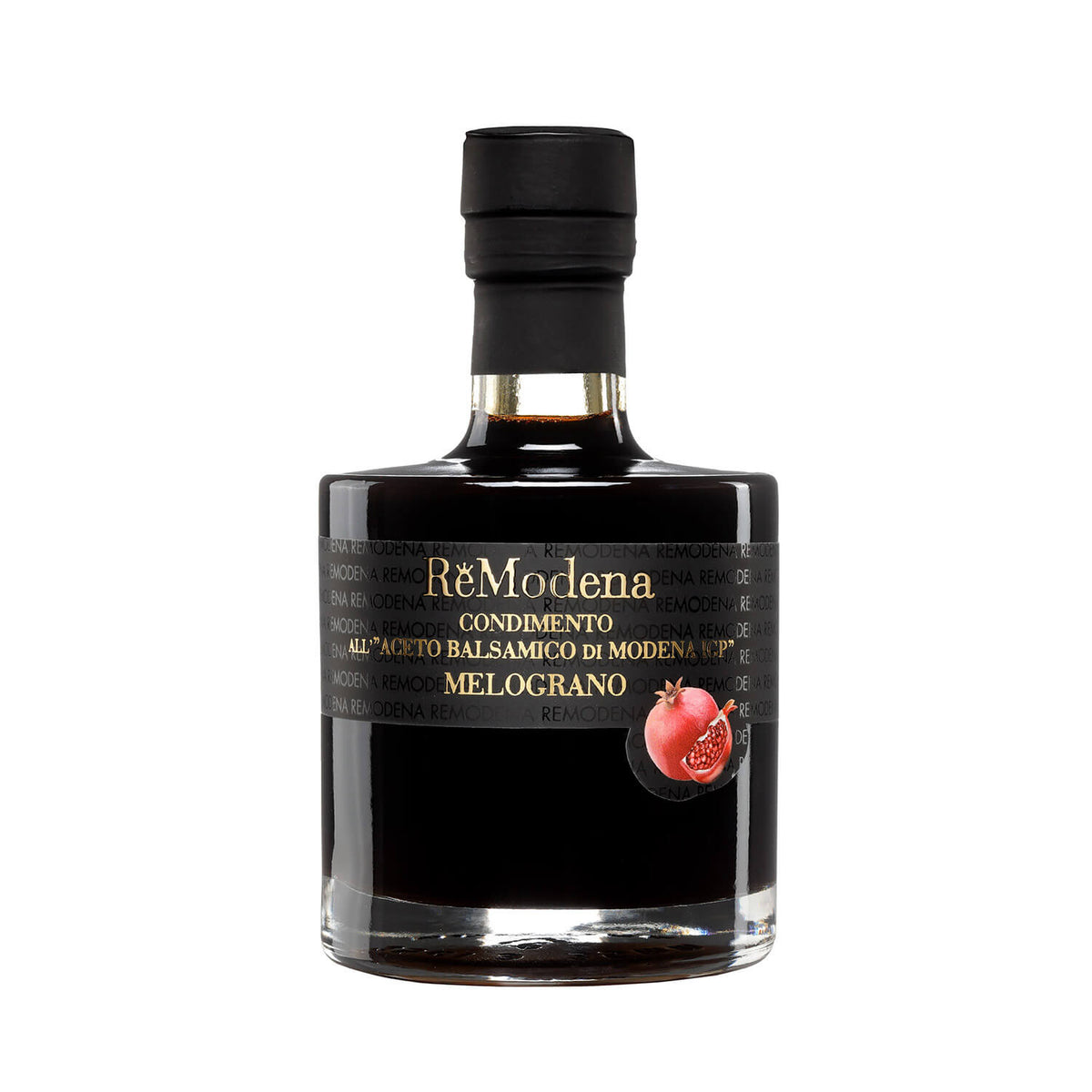 Eine 250-ml-Flasche Remodena Granatapfelbalsamico aus Modena IGP mit schwarzem Etikett, auf dem ein Granatapfel abgebildet ist.