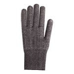 Der Microplane Schutzhandschuh - Specialty Serie von Microplane ist ein einzelner grauer Strickhandschuh mit allen fünf Fingern auf weißem Grund.
