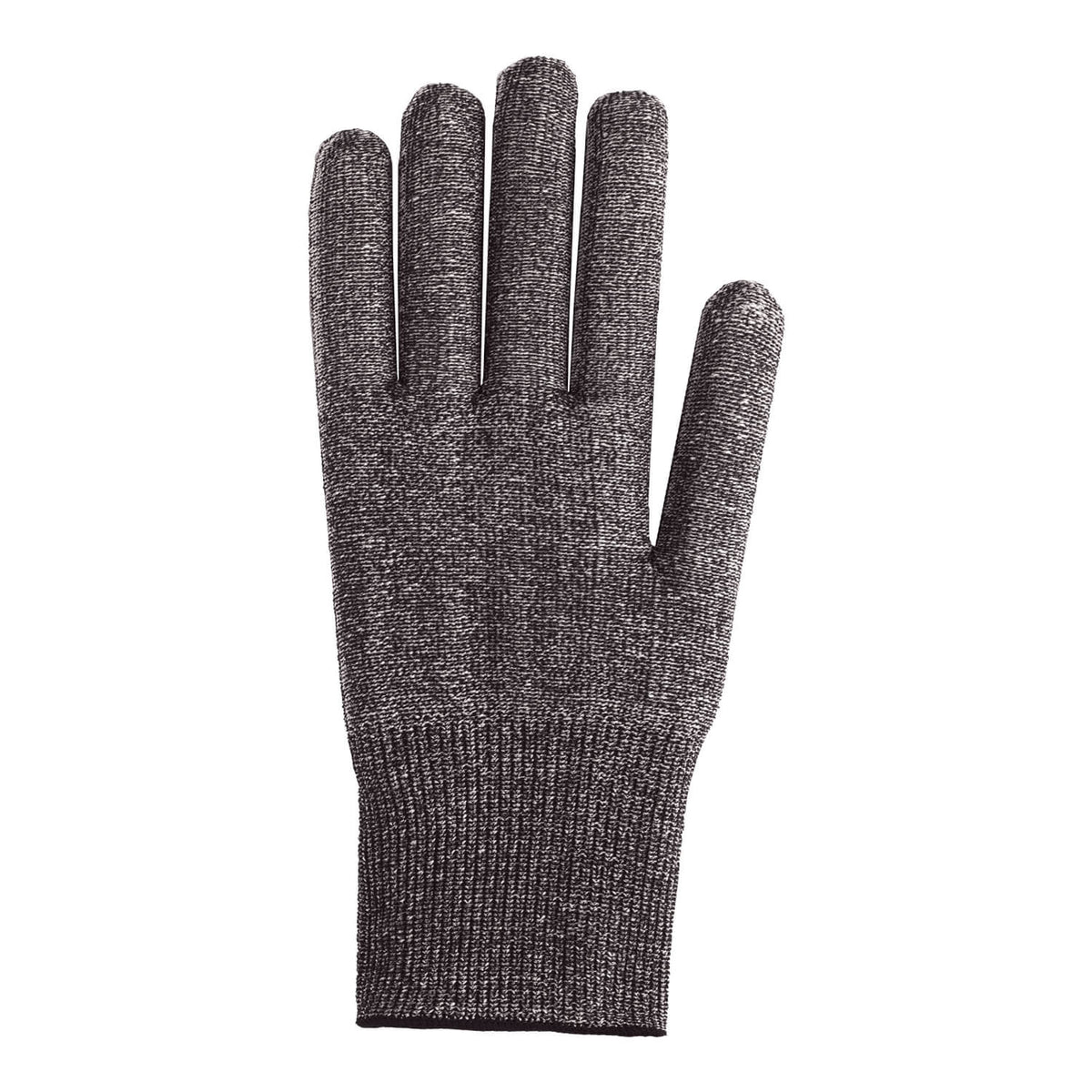 Der Microplane Schutzhandschuh - Specialty Serie von Microplane ist ein einzelner grauer Strickhandschuh mit allen fünf Fingern auf weißem Grund.