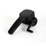 Die Microplane Rotierende Reibe Specialty von Microplane ist eine schwarze, handgeführte Käsereibe mit Kurbel, abgebildet auf weißem Hintergrund.