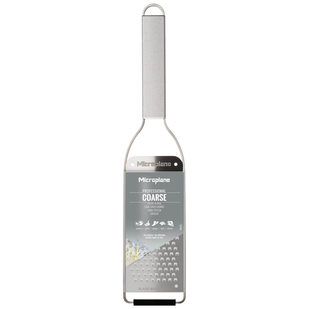 Die Microplane New Professional Reibe, grob ist eine grobe Reibe aus Edelstahl mit langem Griff und gebrandeter Frontverpackung von Microplane.