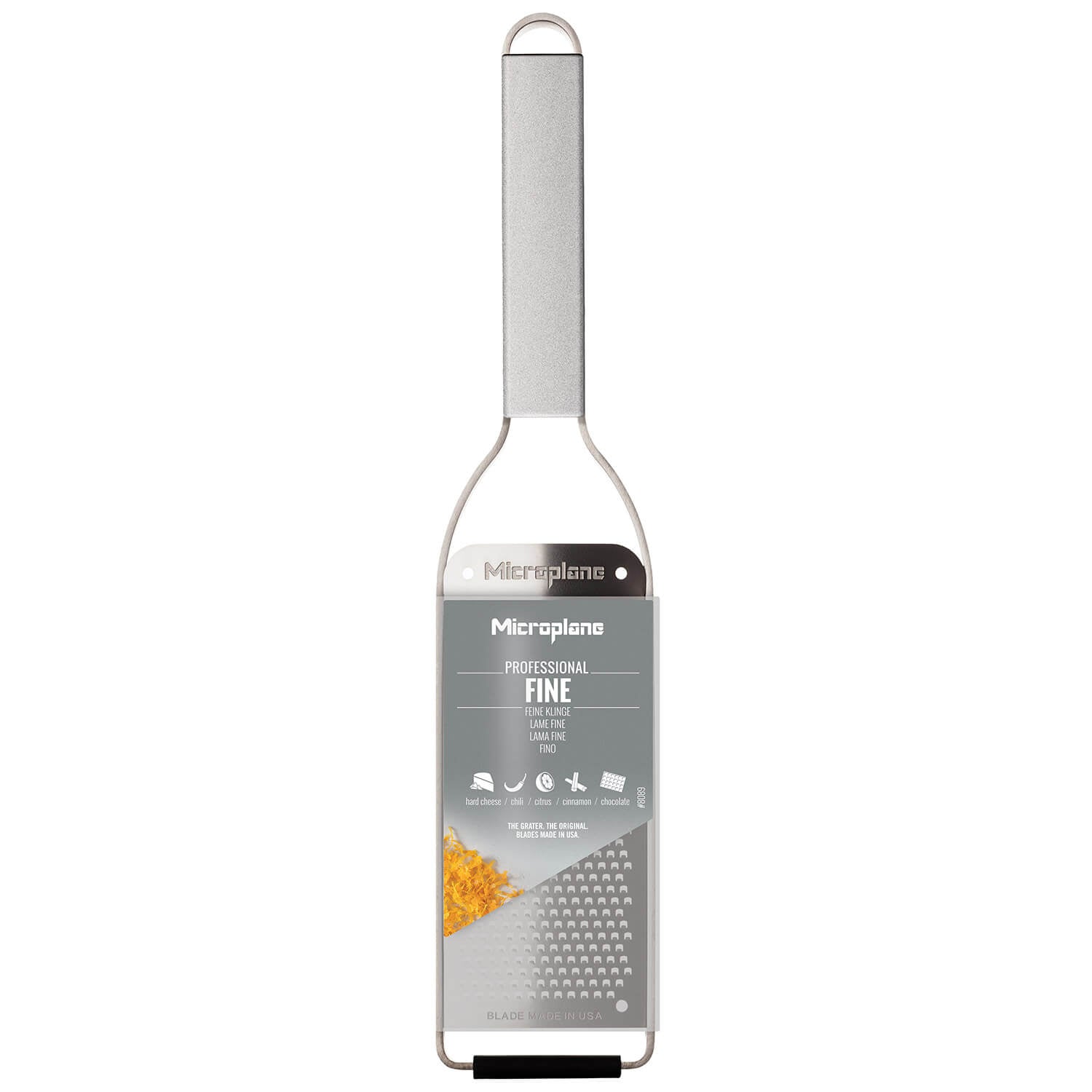 Die Microplane New Professional Reibe, fein ist eine feine Reibe aus Edelstahl mit grauem Griff und einer Schutzhülle von Microplane.