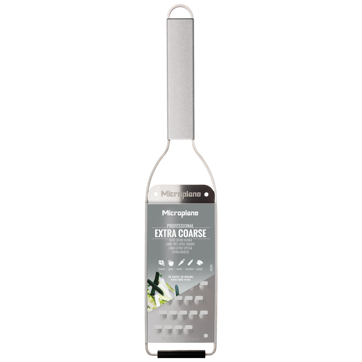 Die Microplane New Professional Reibe, sehr grob ist eine extra grobe Edelstahlreibe mit grauem Griff und Produktetikett von Microplane.