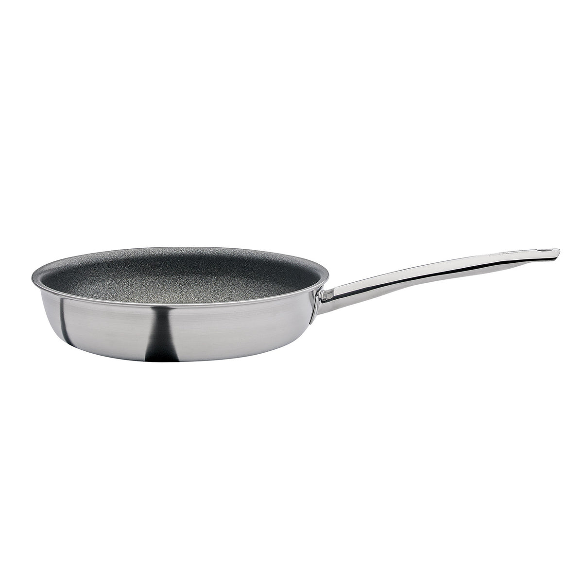 Die Spring Bratpfanne XL hoch Vulcano Intense Pro, Ø 28 cm, ist eine Bratpfanne aus rostfreiem Stahl mit langem Griff, abgebildet auf weißem Grund.