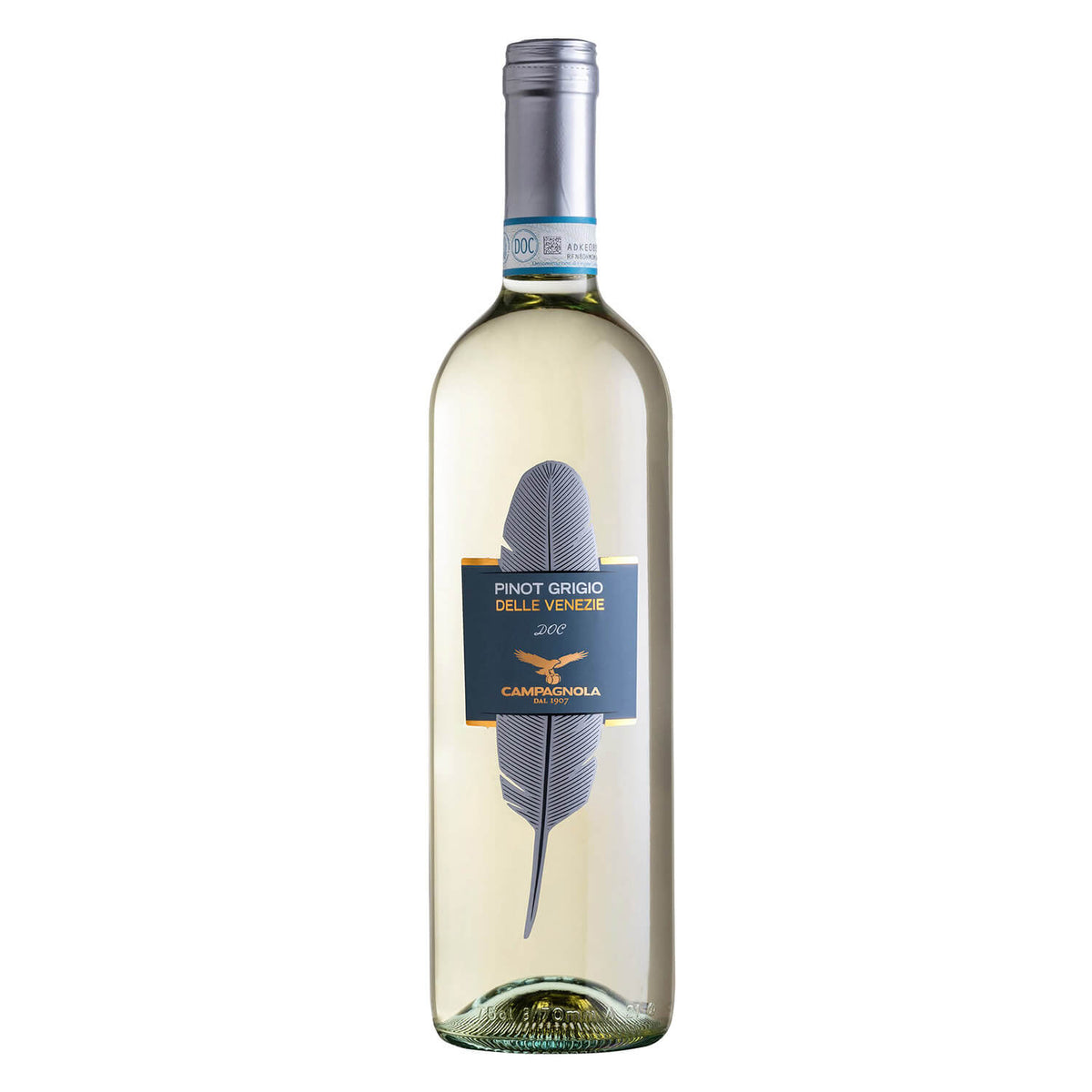 Eine 0,75 l Flasche Campagnola Pinot Grigio DOC aus Venetien Weißwein mit einer Feder auf dem Etikett.