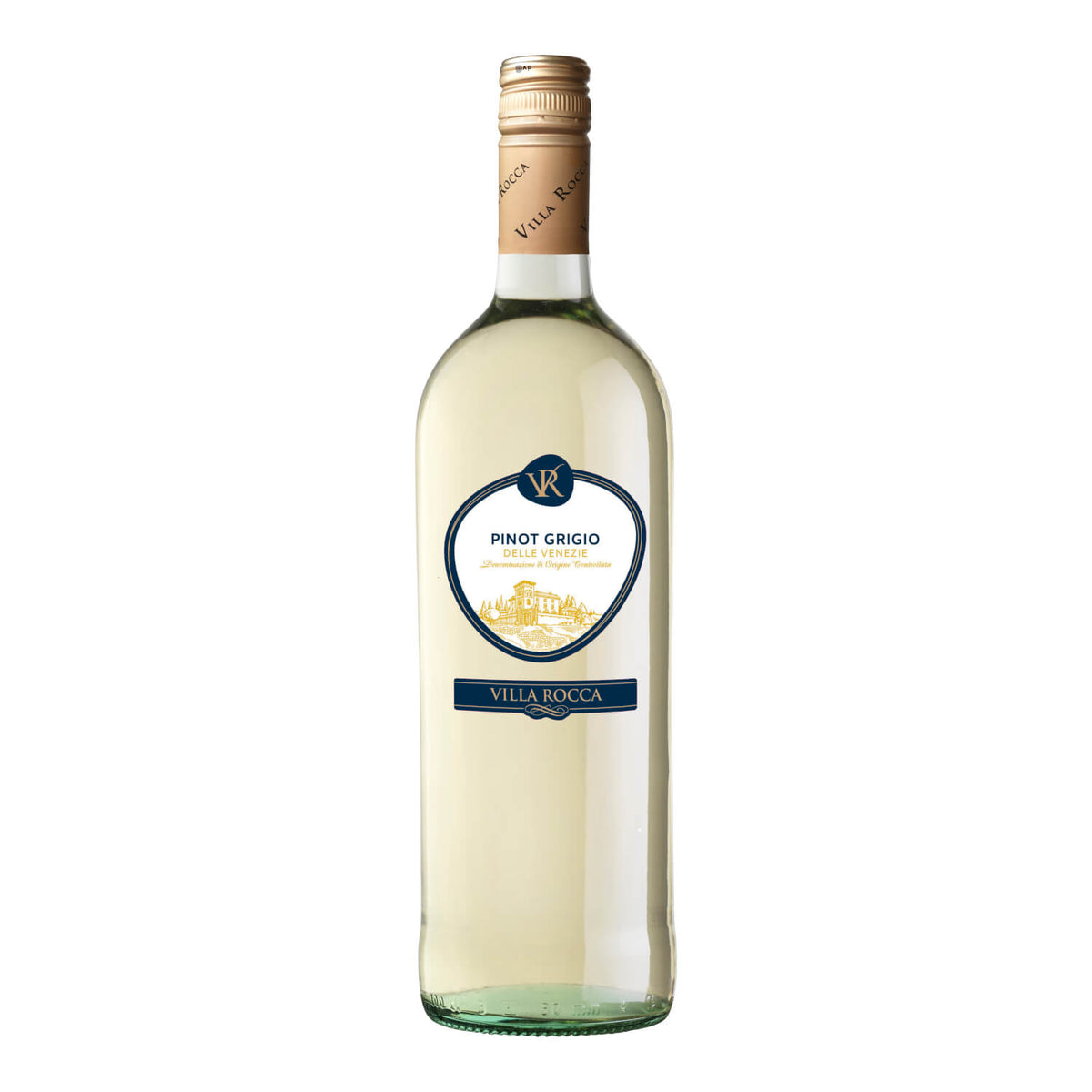 Eine 1-Liter-Flasche des Weißweins Villa Rocca Pinot Grigio DOC von Campagnola mit beigefarbenem Verschluss und blau akzentuiertem Etikett.