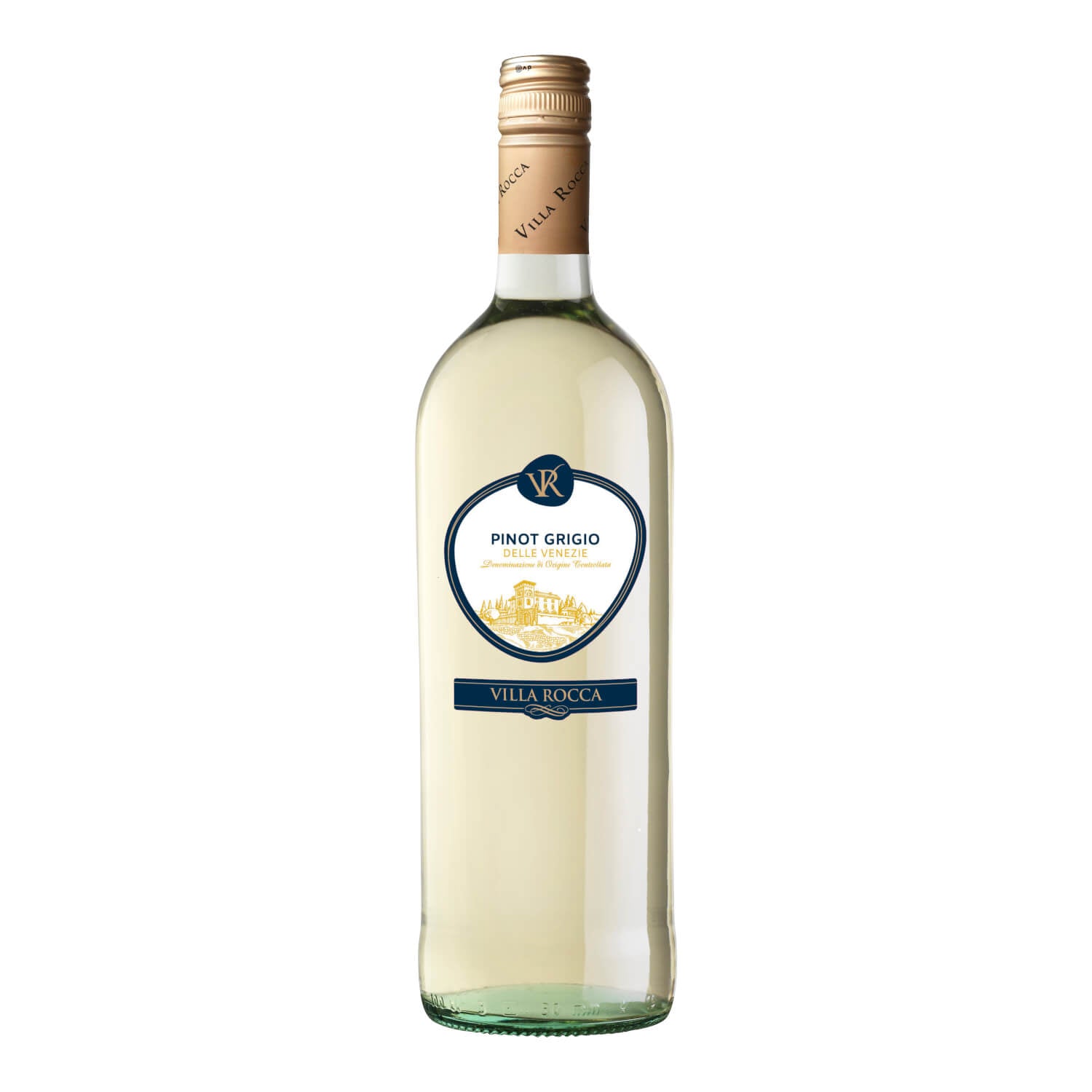 Eine 1-Liter-Flasche des Weißweins Villa Rocca Pinot Grigio DOC von Campagnola mit beigefarbenem Verschluss und blau akzentuiertem Etikett.