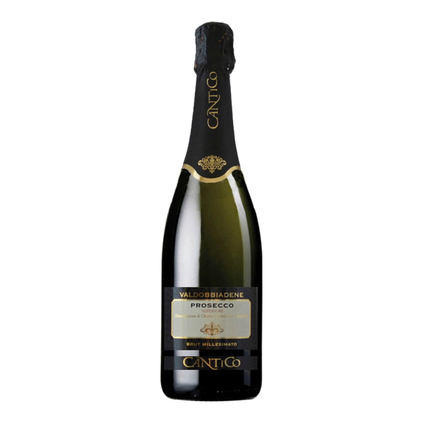 Eine 0,75-l-Flasche Campagnola Prosecco Valdobbiadene Superiore Brut DOCG mit schwarz-goldenem Etikett auf weißem Grund.