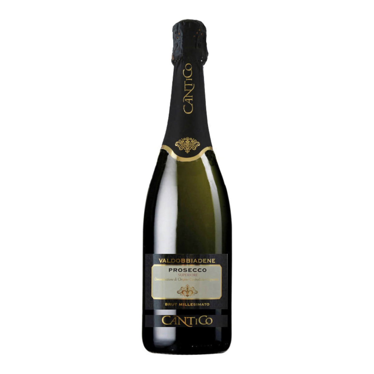 Eine 0,75-l-Flasche Campagnola Prosecco Valdobbiadene Superiore Brut DOCG mit schwarz-goldenem Etikett auf weißem Grund.