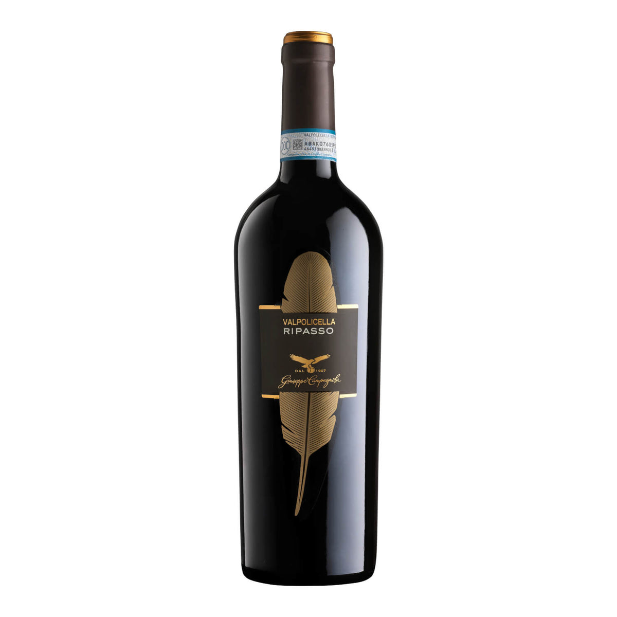 Eine 0,75 l Flasche Campagnola Valpolicella Ripasso aus Venetien Rotwein mit einem goldenen Federmotiv auf dem Etikett.