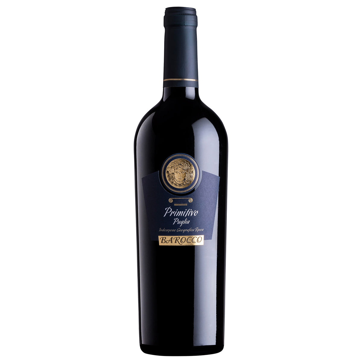 Eine 0,75-Liter-Flasche aus dunklem Glas mit dem Rotwein Barocco Primitivo Puglia IGT mit blau-goldenem Barocco-Etikett.